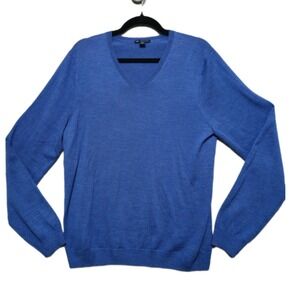 GAP Mens Large Blue Merino Wool V Neck Lightweight Cozy Knit Sweater Classic